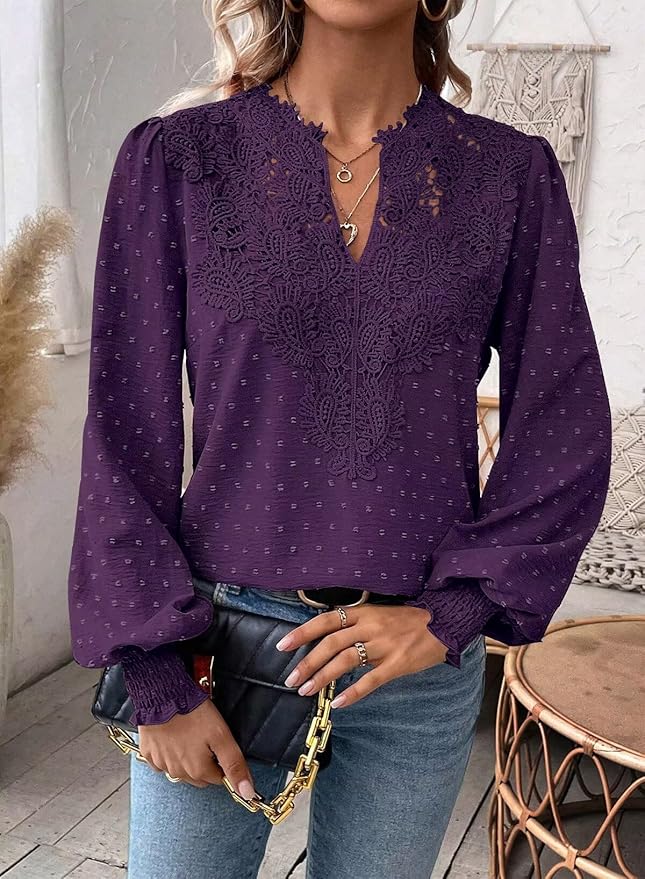 Womens Tops Swiss Dot Boho Long Sleeve Shirts V Neck Casual Chiffon Blouses Flowy Lace Hem Cute Clothing Trendy 2026