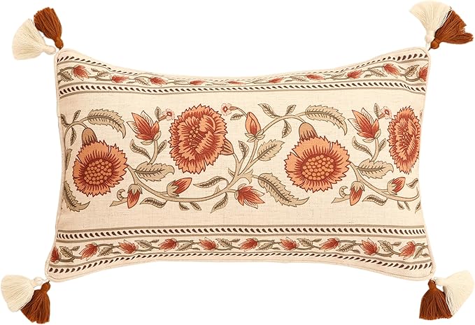 Designer Vintage French Linen Throw Pillow Cover,20"x12"-Albano C | Elegant Rectangle Pillow Cover,Concealed Zipper Design,Floral Pattern,Sofas,Bedroom,Living Room,Lounge Chairs,Decor
