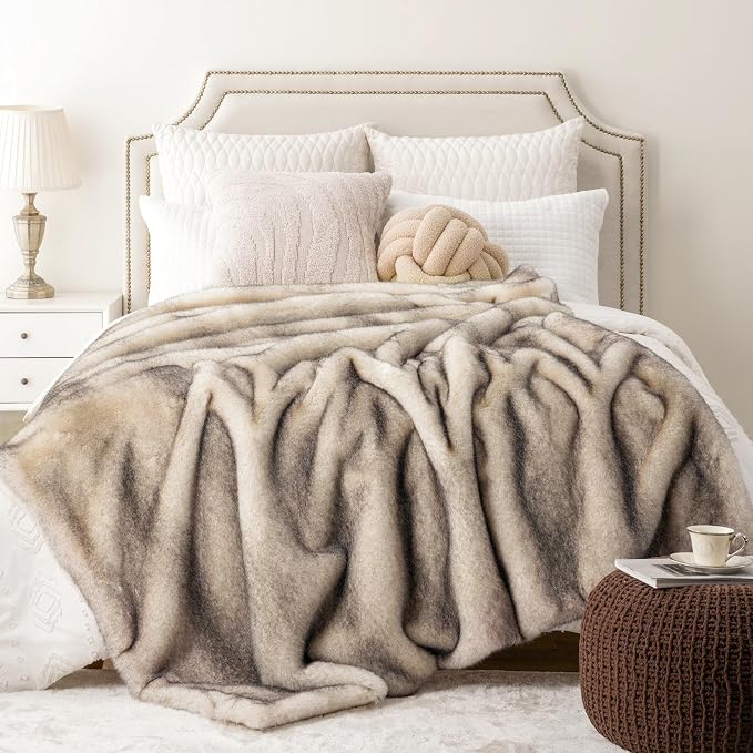 BATTILO Luxury Large Faux Fur Throw Blanket for Couch, 60"x80", Thick | Soft Cozy Mink Plush Warm Elegant Furry Fluffy Faux Fur Blanket for Bed, Sofa, Living Room, Long Pile with Black Tips