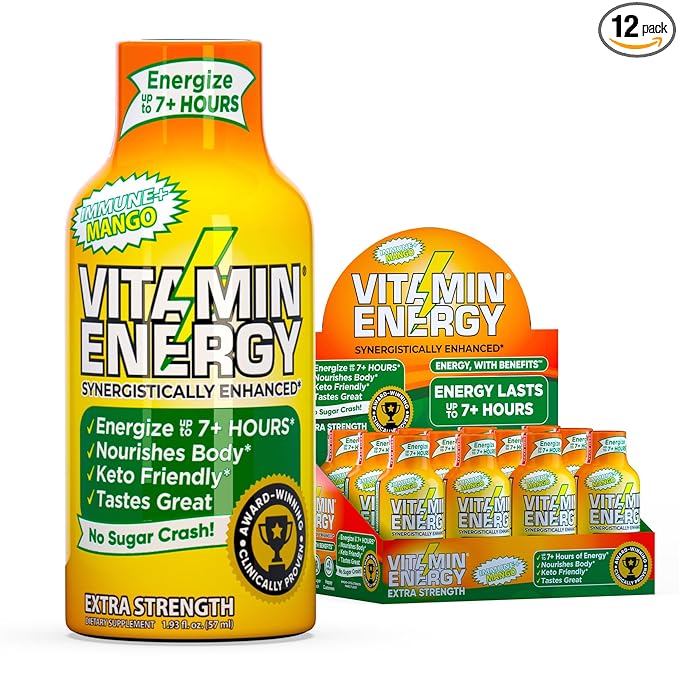Vitamin Energy Immune+ Extra Strength Energy Shot Mango 12 Pack, 260mg Natural Caffeine, B-Vitamins, Citicoline, Green Tea, Immunity & Focus Support, Zero Sugar, Gluten-Free 1.93 fl oz
