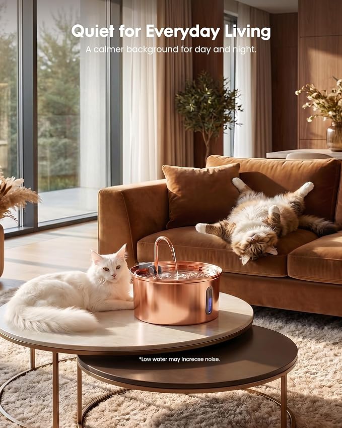 Tomxcute Stainless Steel Cat Water Fountain with Copper Plated,108oz | For Cats and Dogs,Visible Window,Copper-plated 304,Ultra Quiet Pump,Soft LED Night Light