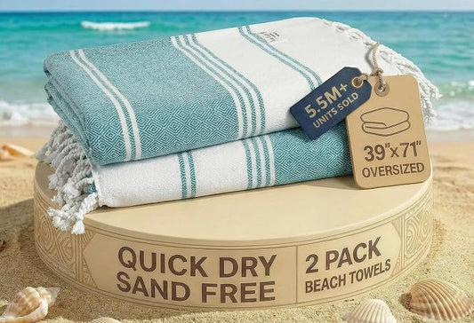 LANE LINEN Turkish Beach Towels, 2 Pack Extra Large Beach Towel, Pre-Washed for Soft Feel, Oversized Sand Free Quick-Dry Pool Towel, Beach Towels for Adults, 39"x71" - Baltic