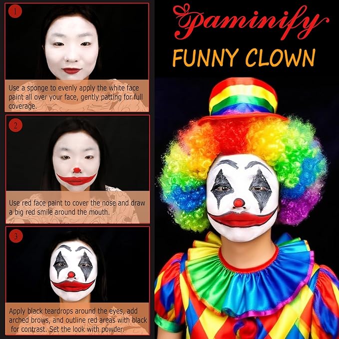 Clown Halloween Makeup Kit,Black Red White Face Paint with Dripping Fake Blood, Body Paint for Joker Devil Vampire Scary Clown Cosplay,Professional SFX Makeup Kit with Setting Powder for Kids
