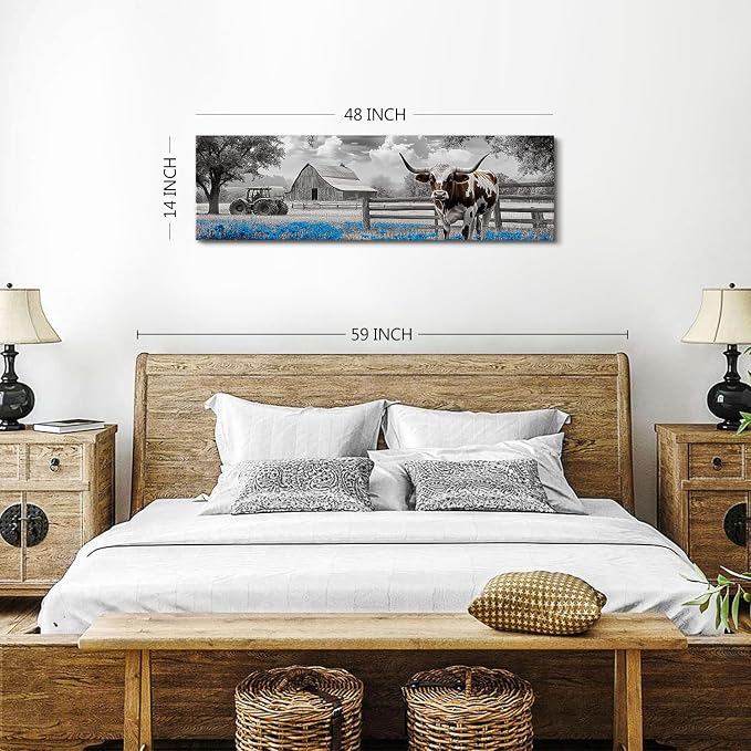 Highland Cow Wall Art Country Barn Truck Pictures for Living Room Western Wall Decor Meadow Scenery Canvas Painting Black and White Poster Prints Artwork Farmhouse Kitchen Decorations 14x48"