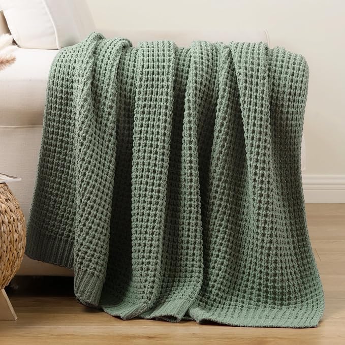 Sage Green Waffle Knit Throw Blanket for Couch, Chenille Blanket 50x60 in | Chunky Knitted Blanket, Soft Green Throw Blanket for Home Decor, Sofa, Spring, Modern Farmhouse Blanket Throw