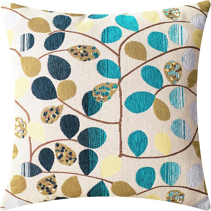 CaliTime Decorative Throw Pillow Covers 18 X 18 Inches Ecru Teal Gray | Luxury Chenille Cute Leaves Cushion Case Shell for Couch Sofa Bed Living Room Home