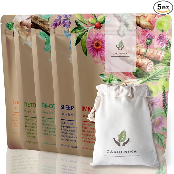 Gardenika Organic Loose Leaf Tea Sampler - Herbal Caffeine-Free Set - Ayurvedic Blend, KSA Kosher, No Natural or Artificial Flavors (5 Pack)