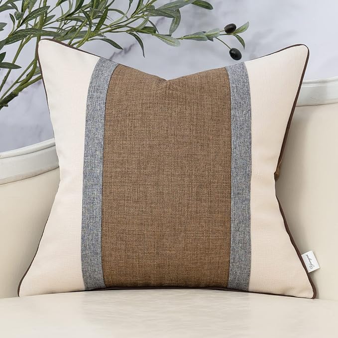 Patchwork Pillow Cover 20x20 Inch Luxury Cotton and Linen Cushion Cover Square Pillowcover for Couch Bedroom Living Room, Brown