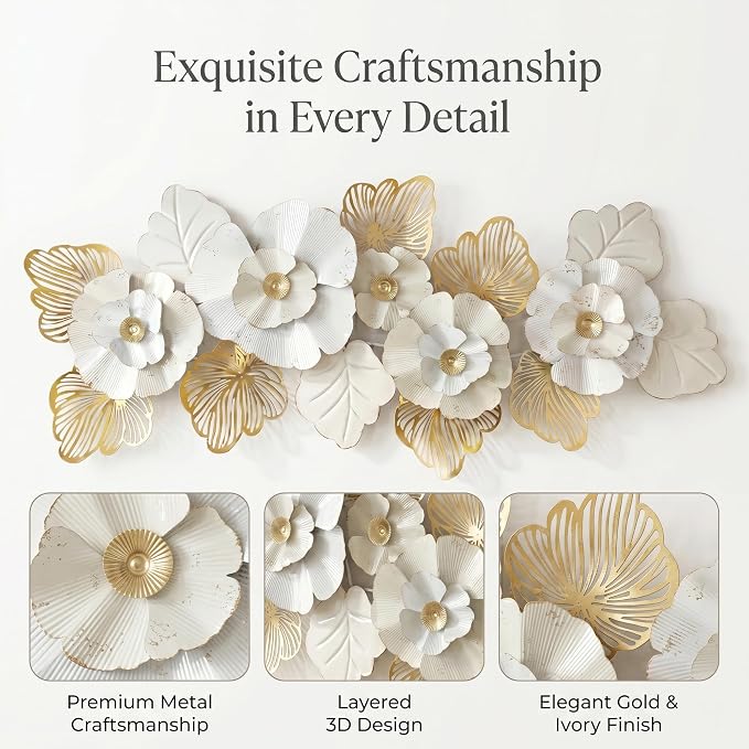 Axioglo 59" Large Wall Decor,3D Floral Metal Wall Art for Living Room | 59" x 27" metal wall decor with layered metal texture, mounting hardware, two-way display