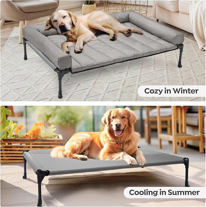 Veehoo Outdoor Elevated Dog Bed with Waterproof Bolster Cushion, Cooling | Raised Dog Bed with Removable & Washable Mat Topper, Breathable Mesh, Dog Couch Cot for Indoor Outdoor, 49", Large, Grey