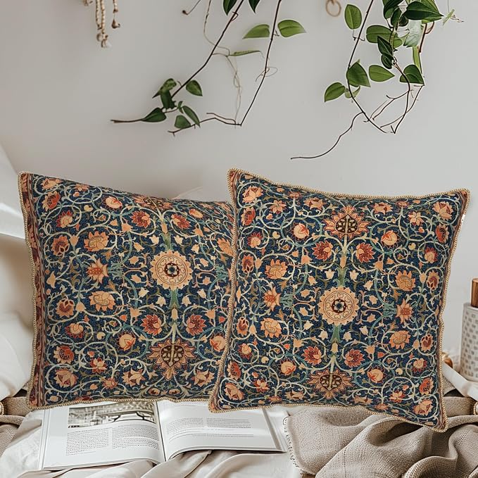 KSLIDS Vintage Floral Soft Velvet Pillow Covers 20x20 Inch Set of 2 | Burnt Orange Navy Flowers Plant Decorative Throw Pillow Covers Pillow Case For Sofa Couch Living Room Home Decor