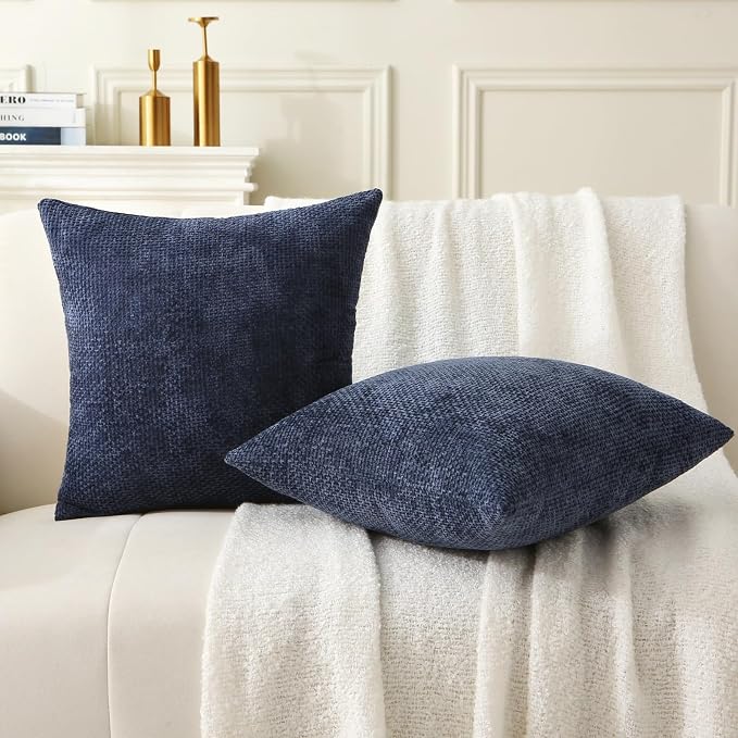 18" x 18" Decorative Throw Pillow with Inserts, Set of 2 Soft Modern Farmhouse Weave Pattern Throw Pillows, Square Boho Pillow for Couch, Bed, Sofa Decor (Navy Blue, 18" x 18"(Pack of 2))