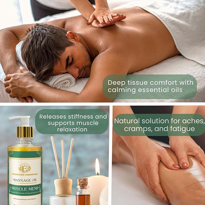 Muscle Recovery Massage Oil by Enhanced Essentials |Deep Restorative Formula with Ayurvedic Extracts,Pure Essential Oils & Vitamin E |Relieves Fatigue,Soothes Post-Workout Strain |16.9 fl oz (500ml)