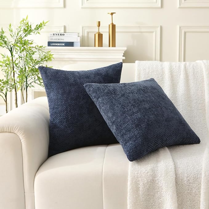 18" x 18" Decorative Throw Pillow with Inserts, Set of 2 Soft Modern Farmhouse Weave Pattern Throw Pillows, Square Boho Pillow for Couch, Bed, Sofa Decor (Navy Blue, 18" x 18"(Pack of 2))