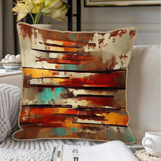 Burnt Orange Teal Rust Soft Velvet Throw Pillow Covers Set of 2 Abstract Vintage Metalic Copper Pillow Covers 16x16 Inch Retro Colorful Pillow Case For Sofa Couch Living Room Farmhouse Home Decor