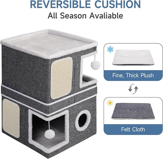 Shikha 2 Story Cat House beds for Indoor Cats with Scratch Pads Grey | 2 in 1 Dual Use Double Cat Bed Cave for Multiple Pets Kitten, Elevated Perch for a Wide View, All Season Reversible Cushion