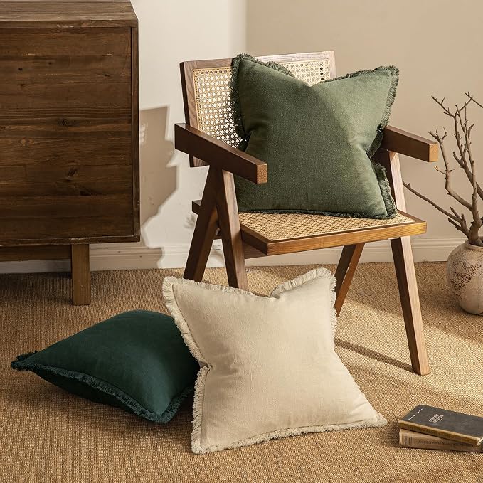 MIULEE Linen Fringe Decorative Euro Throw Pillow Covers Olive Green 22x22 | Set of 2, Cottagecore Decor, Boho Farmhouse Neutral Pillow Covers, Rustic Couch Cushion Cases for Sofa Bed Living Room