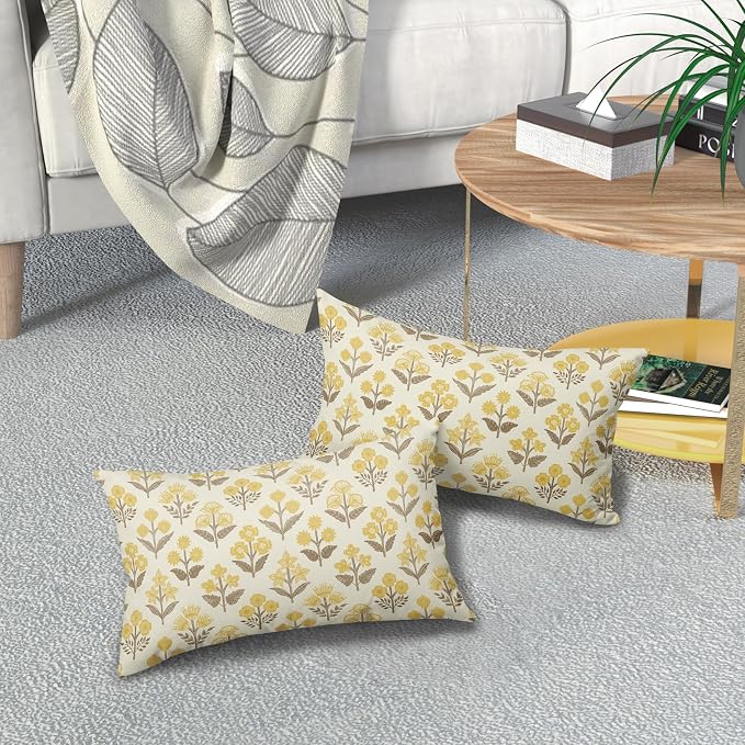 Brown Yellow Floral Pillow Covers 12x20 Inch Set of 2, Block Print Lumbar Flower Cream Decorative Throw Pillowcases Outdoor Farmhouse Rectangle Cushion Covers Spring Summer Sofa Couch Bed Decor