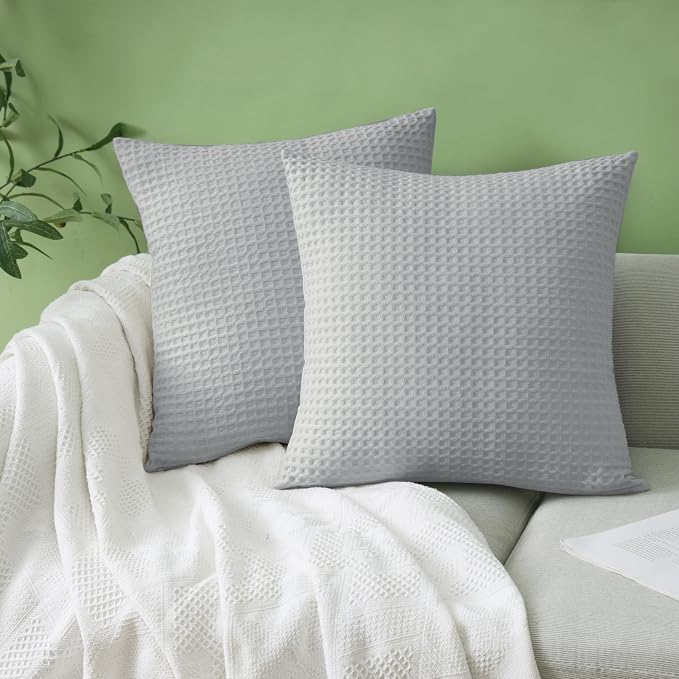 100% Egyptian Cotton 600 TC Waffle Weave Throw Pillow Covers 2 Pack | Ultra Soft Breathable Euro Pillow Shams Covers, Decorative Cushion Covers for Bed Couch Sofa Car, Gray, 22" x 22"