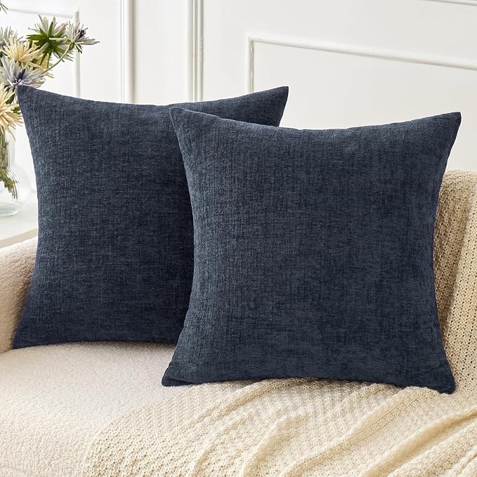 MIULEE Soft Chenille Throw Pillow Covers Dark Navy 16x16 Inch Pack of 2 | Modern Coastal Home Decor, Classic Decorative Pillows, Solid Dyed Cases, Boho Couch Cushion Covers for Sofa Bed Living Room
