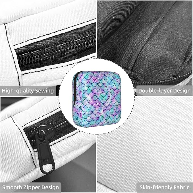 Ocean Mosaic Mermaid Scale Purple Blue Period Bag For Women,Portable Sanitary Napkin Period Pad Pouch For Purse, Small Make Up Bags