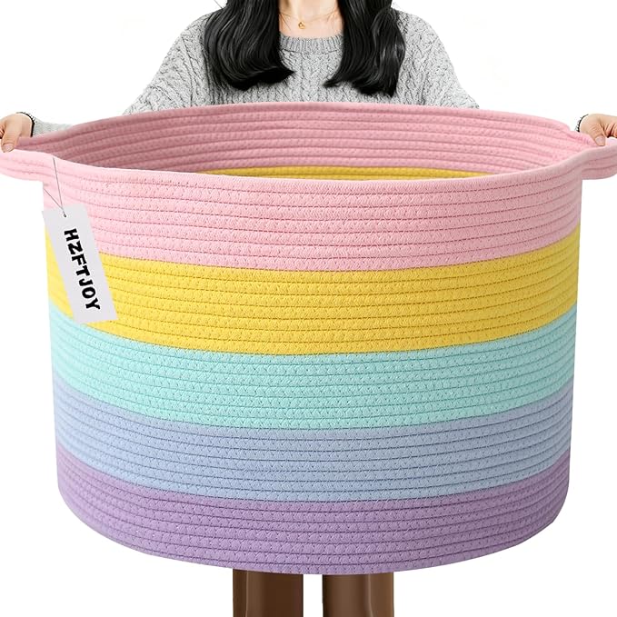 115L Large Blanket Basket,Rope Woven Laundry Basket-Colorful | Collapsible, reinforced handles, nursery storage bin organizes clothes, toys and pillows for living room, bedroom bathroom