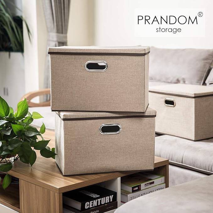 Large Collapsible Storage Bins with Lids [1-Pack] Jute Fabric Foldable Storage Boxes Organizer Containers Baskets Cube with Cover for Home Bedroom Closet Office Nursery (17.7x11.8x11.8)