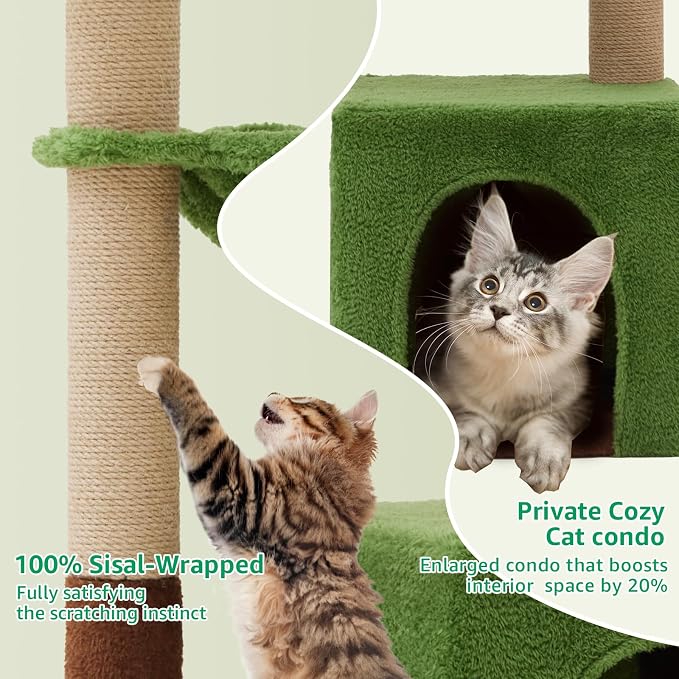37"Cat Tree Tower With Scratching Post,Cozy Hammock For Indoor Cat | Multiple Cats,Heavy Duty,Sturdy,Corner Cat Condo,Cat Hammock,Green Cat Tree