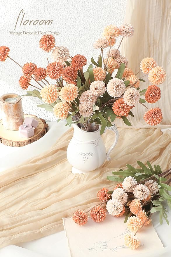 9pcs Burnt Orange Peach Mix Faux Silk Mums Artificial Flowers, Bulk Fake Small Mini Chrysanthemums with Stems for DIY Wedding Centerpieces Floral Arrangements Vase Fillers Home Decorations
