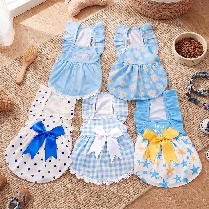 Abbylike 5 Pcs Large Girl Dog Dresses, Blue Summer Pet Clothes, XL Size | Coastal Ocean, Starfish Floral Daisy Polka Gingham Bowknot, Breathable Dog Skirts Outfits for Pets Cat Female, 11 to 13.2 Lbs