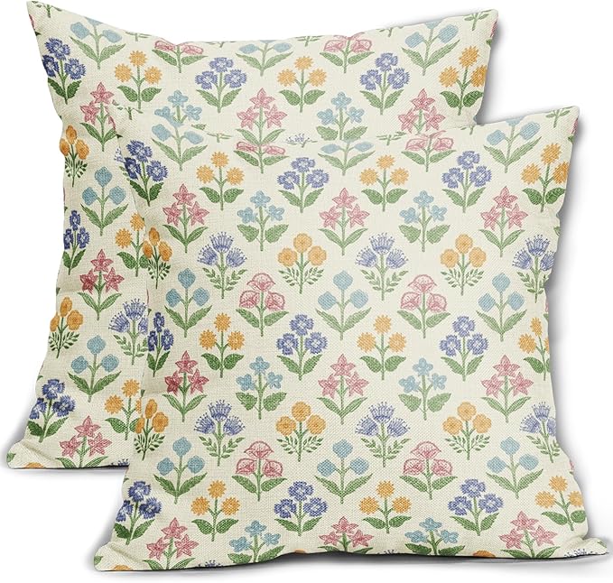 Spring Floral Easter Block Print Pillow Covers 22x22 Inch Set of 2, Pink Yellow Blue Purple Flower Holiday Decorative Throw Pillowcases Outdoor Farmhouse Cushion Covers Sofa Couch Bed Decor