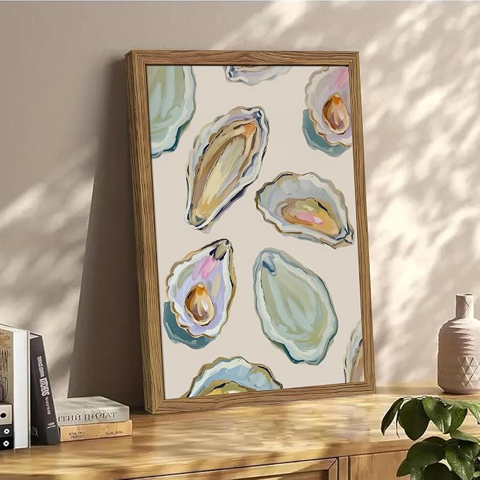 Framed Oyster Shell Canvas Wall Art, Colorful Abstract Wall Art Print, Coastal Beach House Wall Decor, Summer Dining Room Picture Poster, Modern Kitchen Oyster Oil Painting Artwork 16x24 inch