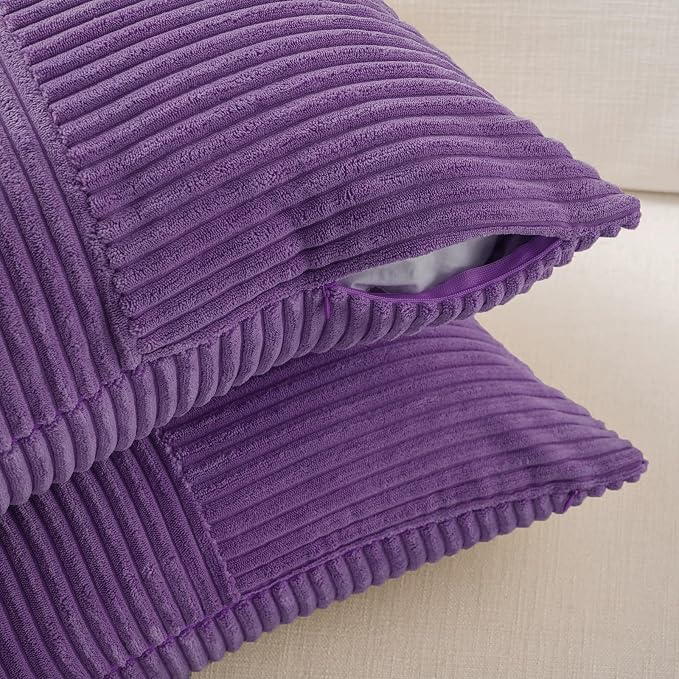 Fancy Homi Set of 1 Purple Square Decorative Throw Pillow Covers 14x14 Inch for Living Room Bedroom Couch Bed Sofa, Soft Striped Corduroy Modern Rectangle Accent Cushion Case 35x35 cm