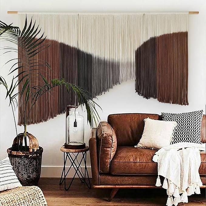 Jakalin Macrame Wall Hanging Brown Geometric Fiber Art Living Room 33" x57" | Geometric Dip-dyed Macrame Wall Art With Rich Brown-red Tones, Boho Texture, Artisan Character, and Home Style.