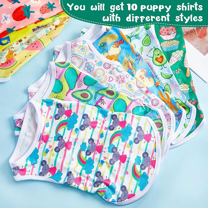 10 Pack Dog Shirts Cute Summer Cartoon Puppy Clothes, Soft Breathable Pet T-Shirts, Printed Sleeveless Washable for Small Medium Dogs Cats(X-Large)