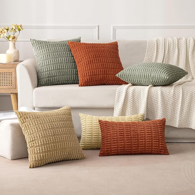 MIULEE Corduroy Decorative Throw Pillow Covers 16x16 Light Olive Pack of 2 | Green Soft Boho Striped Pillow Covers Modern Farmhouse Home Decor For Sofa Living Room Couch Bed