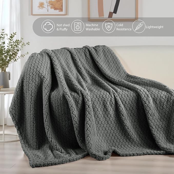 Exclusivo Mezcla Soft Fleece Throw Blanket for Couch, Dark Grey | Jacquard Lightweight Cozy Throws for Bed, Sofa, Breathable Decorative Fuzzy Textured All Season Use, 50x60 Inches