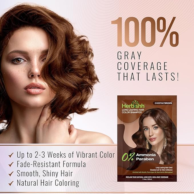 Herbishh Hair Color Shampoo for Gray Hair, Natural Ammonia Free Hair Dye with Argan Hair Mask – Long Lasting Chestnut Brown Coverage – Easy to Use Travel Pack – 20 Color Shampoo Pouches + 10 Hair Mask