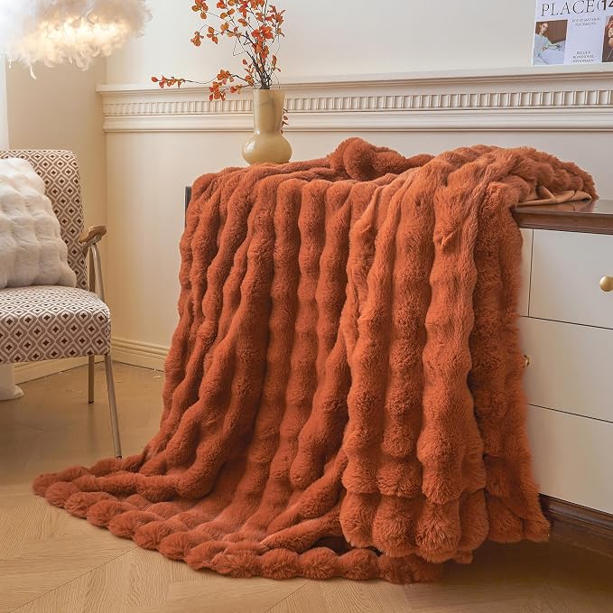 LIFEREVO Luxury Fluffy Faux Rabbit Fur Throw Blanket 50x60, Burnt Orange | Plush Bubble Blanket for Bedroom Living Room Office, Decorative Soft Furry Lap Throw for Kids Girls Teens Adults, Washable