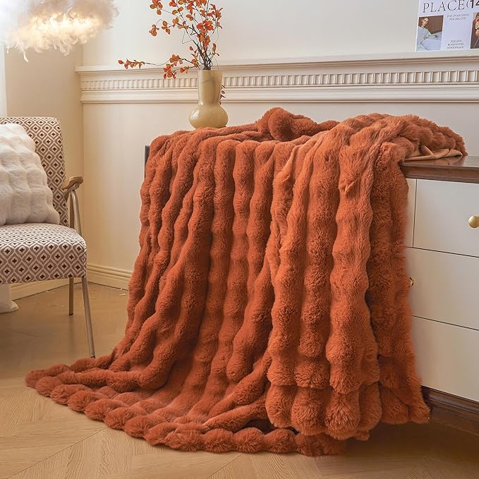 LIFEREVO Luxury Fluffy Faux Rabbit Fur Throw Blanket 60x80, Burnt Orange | Plush Fuzzy Bubble Lap Throw for Couch Sofa Office, Soft Cozy Furry Bed Blanket Home Decoration, Washable & Skin-friendly
