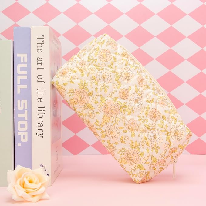 PAZIMIIK Small Quilted Makeup Bag,Zipper Cosmetic Pouch,Rose Beige | Lightweight Cosmetic Bag Organizer for Women,Purse Storage Holds Makeup,Toiletries,Skincare,Beauty Essentials,Travel Items