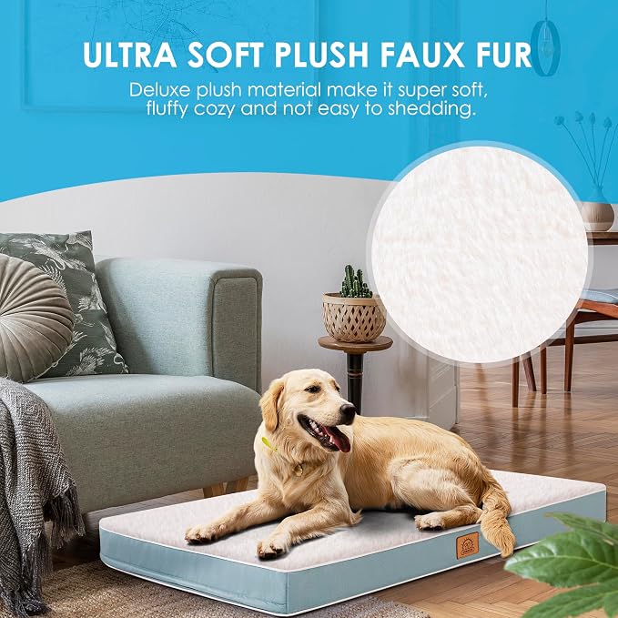 Sunheir Orthopedic Dog Beds Large Sized Dog, Big Waterproof Dog Crate Pad | Removable Washable Cover, Egg Crate Foam Support, Anti-Slip Bottom, Easy-Clean, Soft Plush Large Pet Bed Mat for Crate, Blue