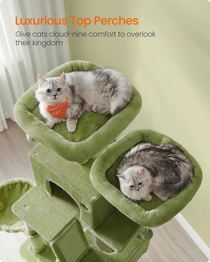 Feandrea Cat Tree, 81.1-Inch Large Cat Tower, Multi-Level Condo, Green | with 13 Sisal Scratching Posts, 2 Perches, 2 Cave, Hammock, Basket, Pompoms for Indoor Cats, Easy to Assemble, UPCT190C01