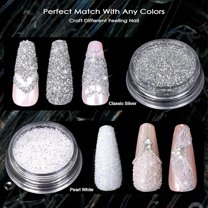 Allstarry Nail Glitter, 2 Colors Sparkling Silver Reflective Glitter Shiny White Diamond Dust Shimmery Sequins Crystal Gems for Nail Art Disco Party Nightclub Raves Festivals Concert Shows Wedding