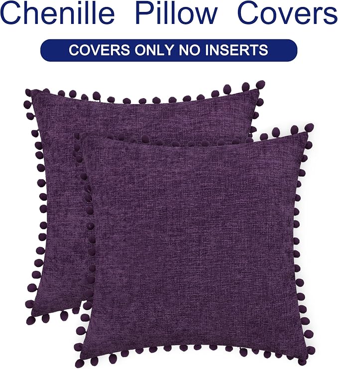 CaliTime Decorative Couch Throw Pillow Covers 22 X 22 Inches Plum Purple | Pack of 2, Cozy Chenille Cushion Cases, with Pom Poms for Sofa Bed Living Room Farmhouse Home