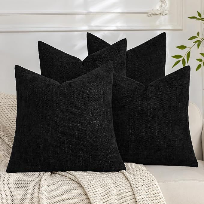 Set of 4 Soft Textured Decorative Throw Pillow Covers 20x20 Inch Cozy Farmhouse Cushion Cover Square Accent Pillow Cases for Bed Couch Sofa Living Room, Black