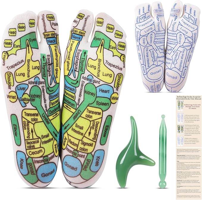 Reflexology Socks Set with Tools, 2 Pairs Foot Massage Socks Chiro Acupressure Acupuncture Trigger Point Pain Relief Remedy Acupoint Birthday Gifts for Women B
