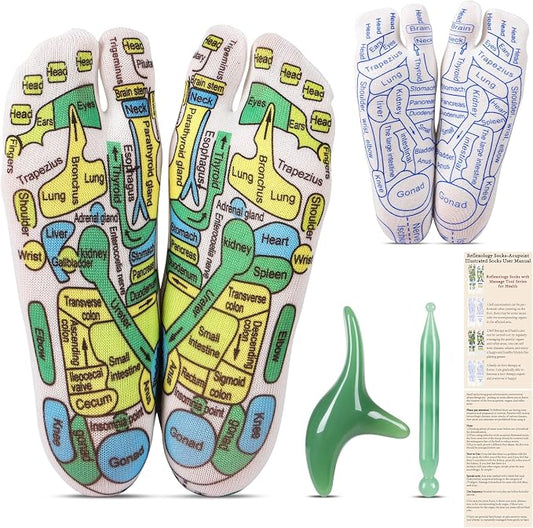 Reflexology Socks Set with Tools, 2 Pairs Foot Massage Socks Chiro Acupressure Acupuncture Trigger Point Pain Relief Remedy Acupoint Birthday Gifts for Women B
