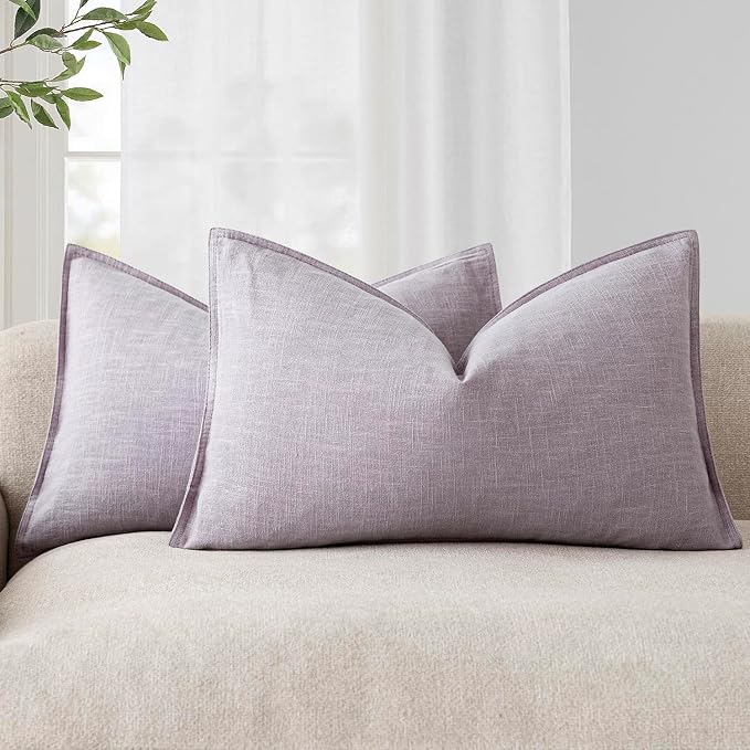 Foindtower Pack of 2, Decorative Linen Solid Throw Pillow Covers Soft Accent Lumbar Cushion Case Farmhouse Pillowcase for Chair Couch Sofa Bedroom Living Room Home Decor 12 x 20 Inch Light Purple
