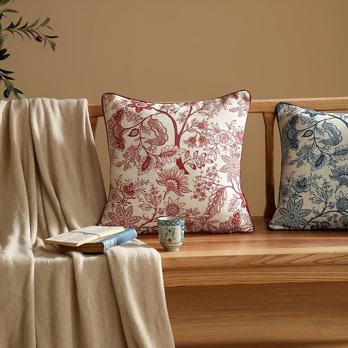 Designer Linen Square Throw Pillow Cover,Set of 2,18"x18"-Ruyi A | Vintage French Elegant Pillow Cover,Concealed Zipper Design,Red Floral Pattern,Sofa,Bedroom,Living Room,Lounge Chairs